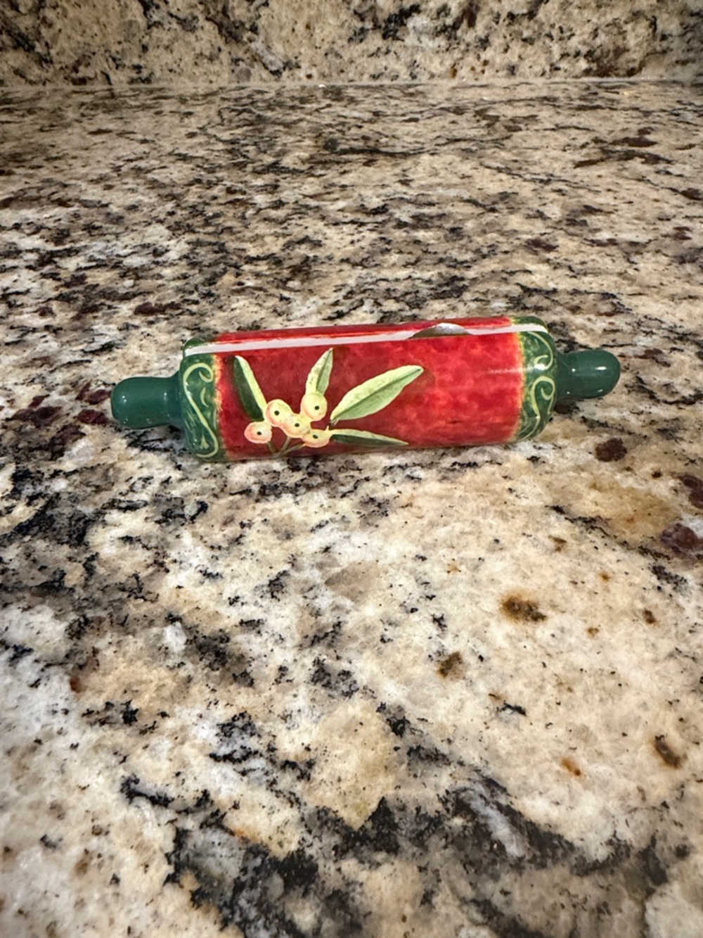 Ceramic Decorative Rolling Pin - Red & Green Floral Design